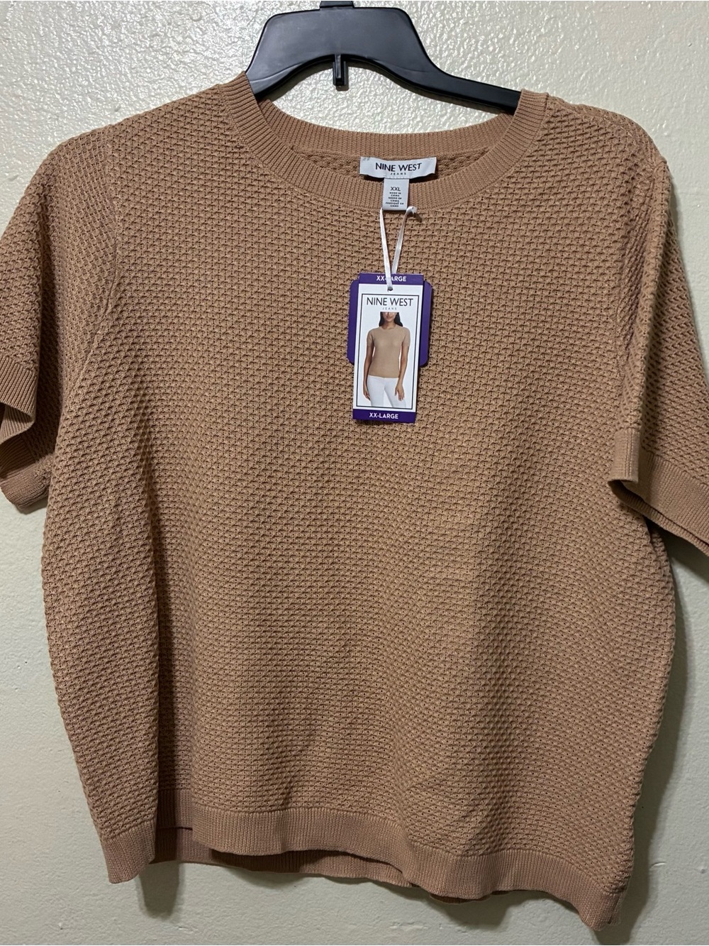 Nine West Short-Sleeve Crewneck Sweater in Camel